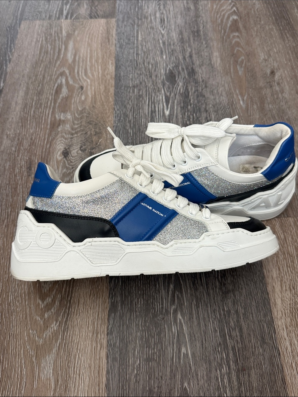 Costume National - Designer White Sneakers with Blue Panels & Silver Glitter